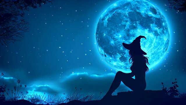 Silhouette of a witch against the backdrop of a huge full moon. The sky is filled with mystical light, a magical magical atmosphere.