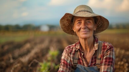 Fototapeta premium Portrait of a happy farmer female in his field, agricultural worker on the background