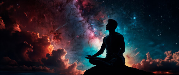 Silhouette human lotus position, meditation space galaxy cloud nebula, cosmos background wallpaper