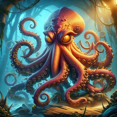 Obraz premium Vibrant Octopus: A Detailed Underwater Fantasy Art of Marine Life in Warm Light