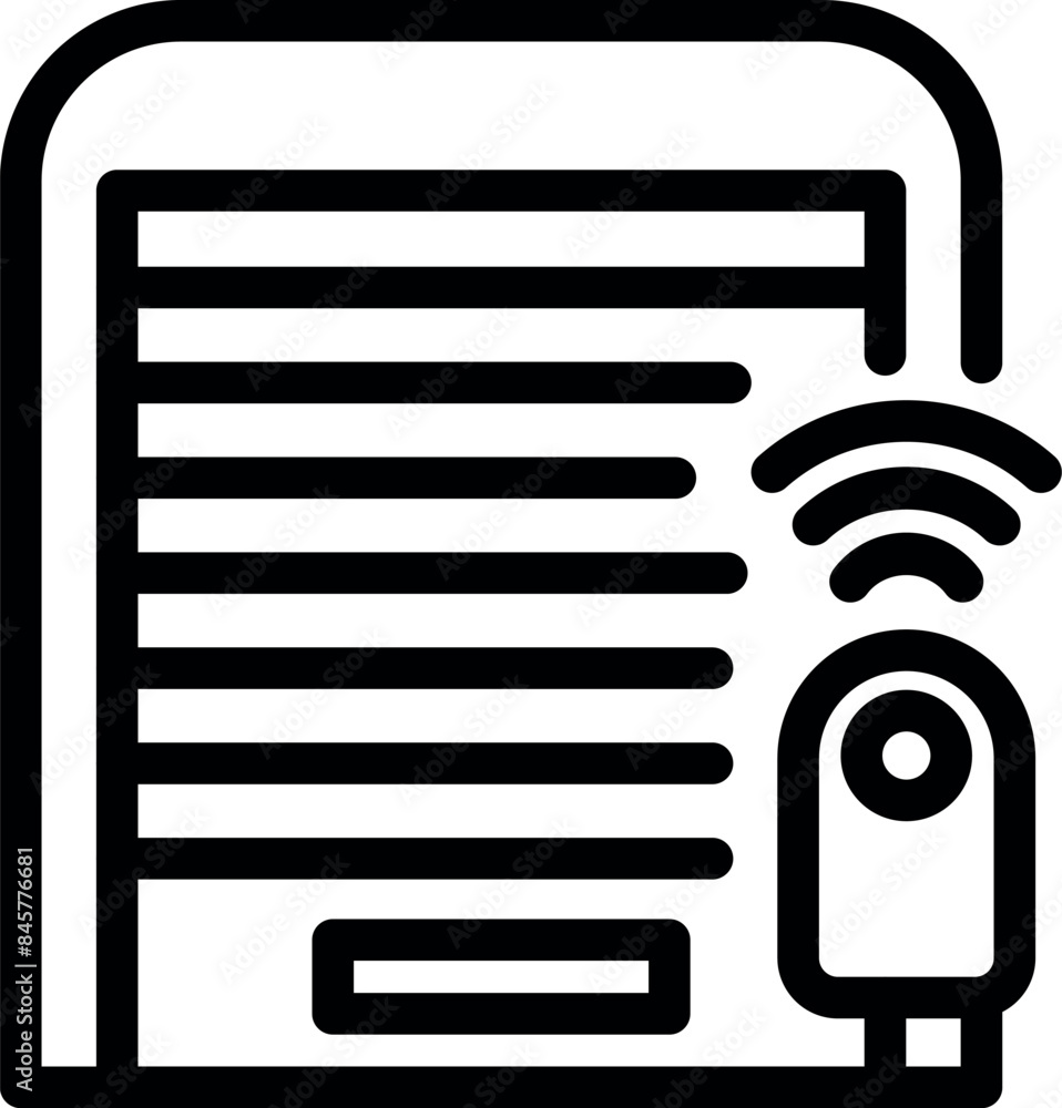 Poster line drawing of a garage door being remotely controlled by a homeowner using a smartphone app with w