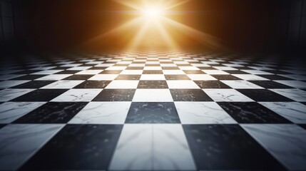 A dramatic image featuring the sun's rays beaming over a black and white checkered floor, suggesting themes of contrast and choice