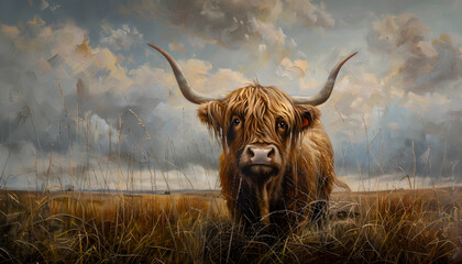 A highland cow with long horns in a grassy field under a cloudy sky
