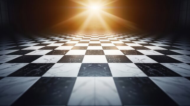 A dramatic image featuring the sun's rays beaming over a black and white checkered floor, suggesting themes of contrast and choice