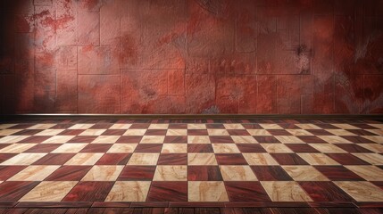 An empty room with a red and white checkered floor and distressed red textured wall, giving a vintage or theatrical feel