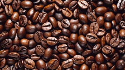 Naklejka premium This image displays a close-up view of numerous roasted coffee beans with a rich brown color and texture