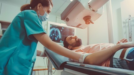 Medical professional assisting a patient during an X-ray procedure in a modern medical facility.