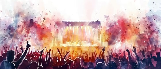 stadium rock music concert outside with fans standing looking at the stage whit hands up, hand drawn watercolor, white background
