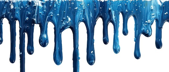 Blue paint drips down in a rhythmic dance, accentuating the purity of the white background