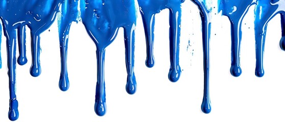 Blue paint drips down in a rhythmic dance, accentuating the purity of the white background