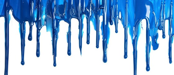 Blue paint drips down in a rhythmic dance, accentuating the purity of the white background