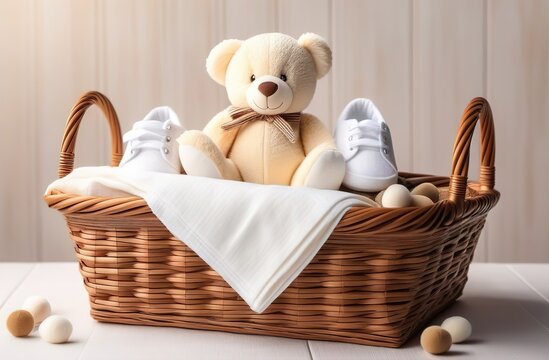 Cute baby clothes in a backet with a toy bear