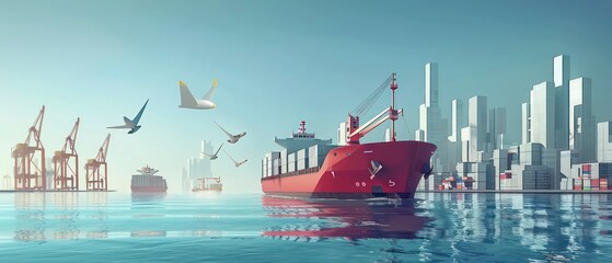 Fototapeta premium City port terminal showcases technology as a container ship docks in the bustling commercial port