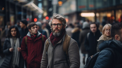 A Man Walking in the busy crowded street city