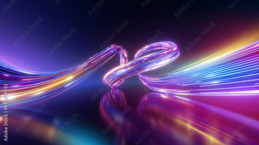 Aufkleber 3d render. abstract futuristic background of dynamic neon lines glowing in the dark, floor reflectio