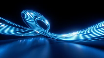 Fototapete Altes Krankenhaus Beelitz 3d render. Abstract panoramic background of twisted dynamic blue neon lines glowing in the dark room with floor reflection. Virtual fluorescent ribbon loop. Fantastic minimalist wallpaper  © NeoLeo