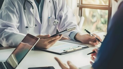Doctor explaining test results to patient, both engaged in discussion at a modern medical office