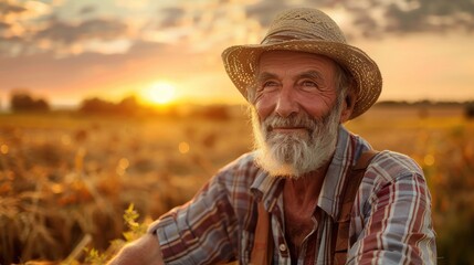Fototapeta premium Portrait of a happy farmer male in his field, agricultural worker on the background