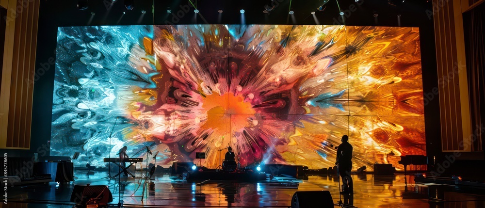 Poster dynamic visuals on the screen capture the essence of a club atmosphere, blending abstract shapes and