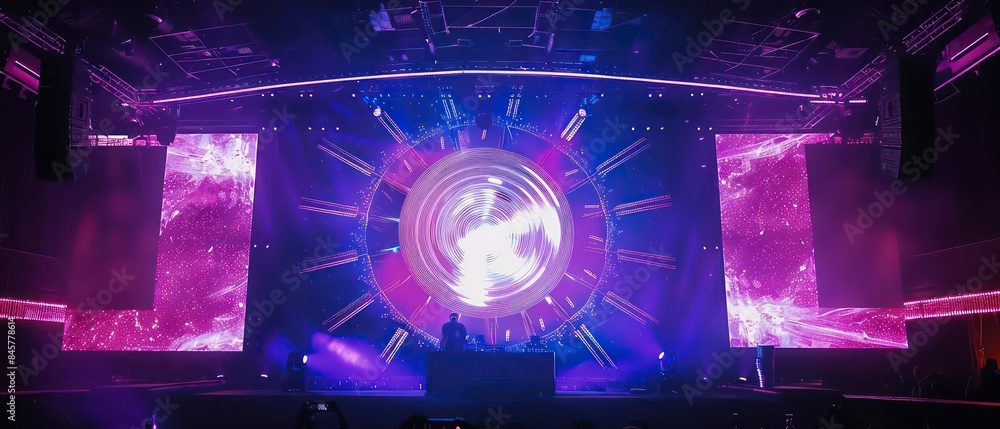 Poster dynamic visuals on the screen capture the essence of a club atmosphere, blending abstract shapes and