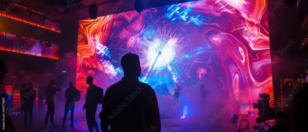 Poster dynamic visuals on the screen capture the essence of a club atmosphere, blending abstract shapes and
