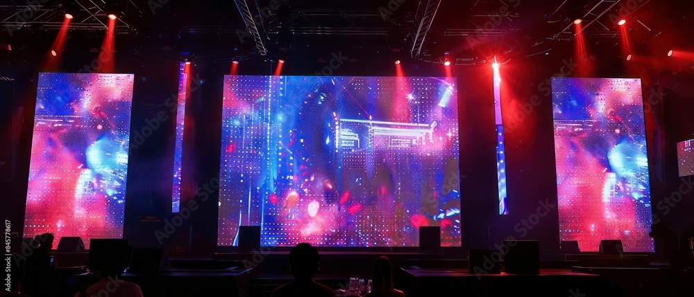 Poster dynamic visuals on the screen capture the essence of a club atmosphere, blending abstract shapes and