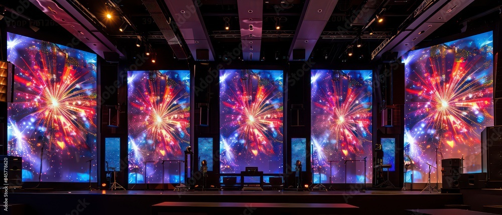 Poster dynamic visuals on the screen capture the essence of a club atmosphere, blending abstract shapes and