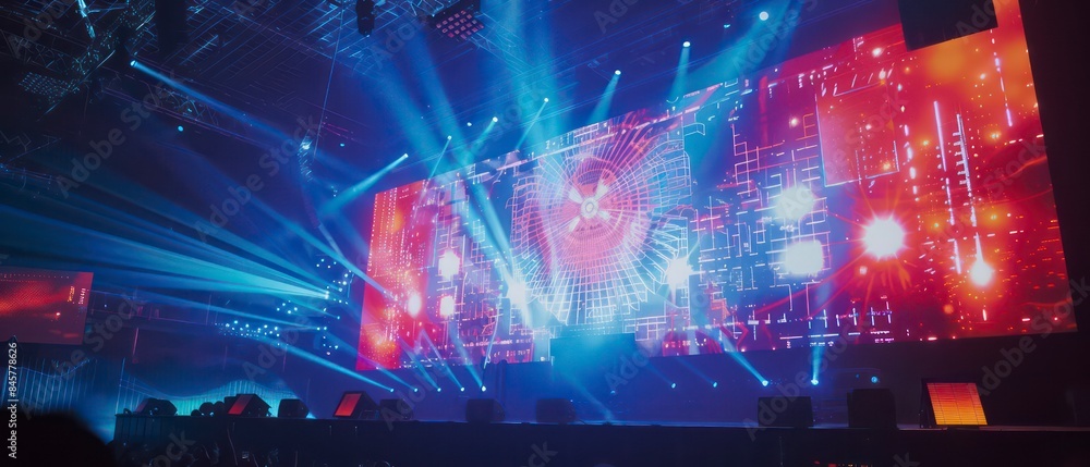 Poster dynamic visuals on the screen capture the essence of a club atmosphere, blending abstract shapes and