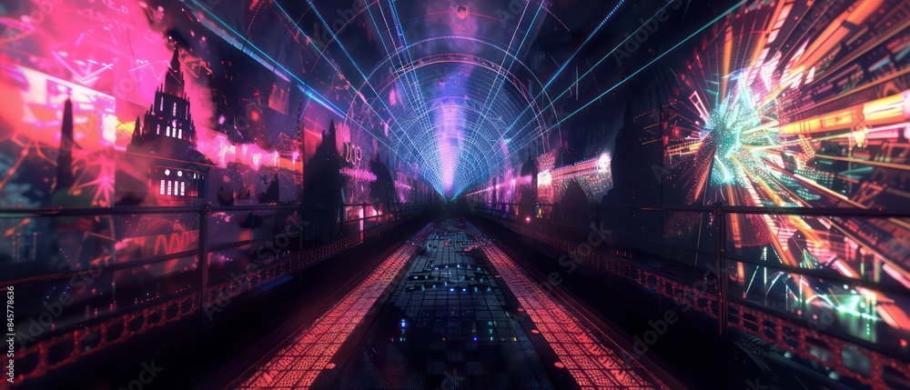 Poster dynamic visuals on the screen capture the essence of a club atmosphere, blending abstract shapes and