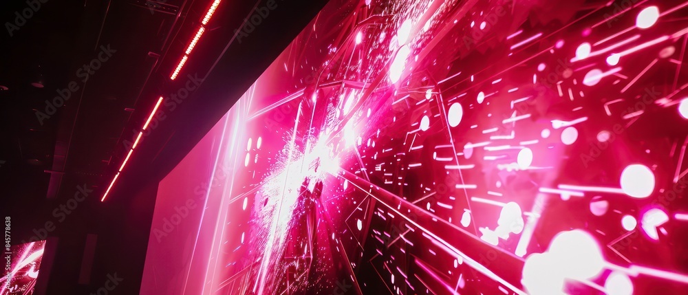 Poster dynamic visuals on the screen capture the essence of a club atmosphere, blending abstract shapes and