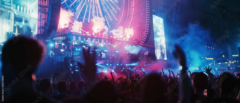 Poster dynamic visuals on the screen capture the essence of a club atmosphere, blending abstract shapes and