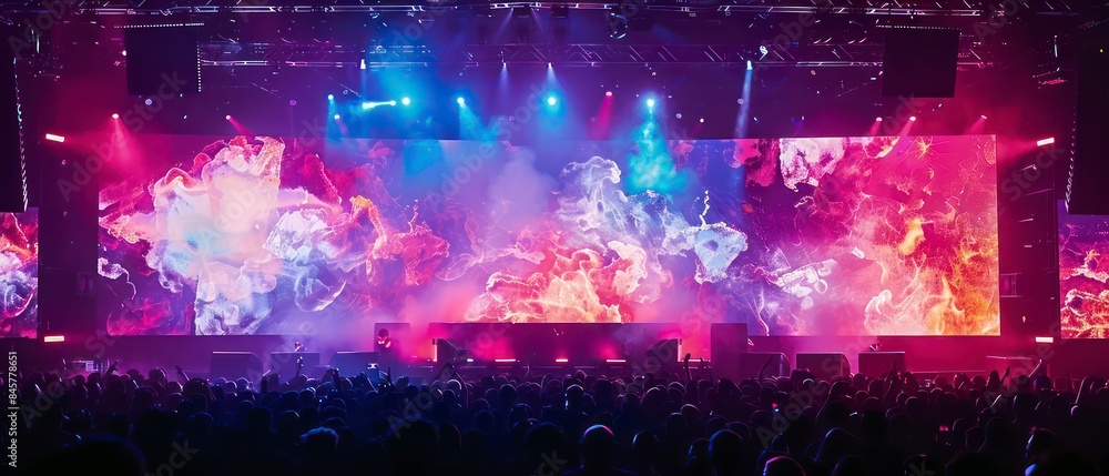 Poster dynamic visuals on the screen capture the essence of a club atmosphere, blending abstract shapes and