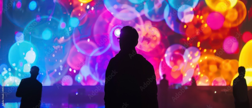 Poster dynamic visuals on the screen capture the essence of a club atmosphere, blending abstract shapes and