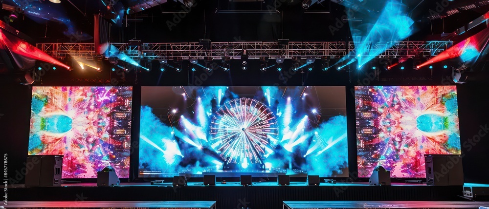 Poster dynamic visuals on the screen capture the essence of a club atmosphere, blending abstract shapes and