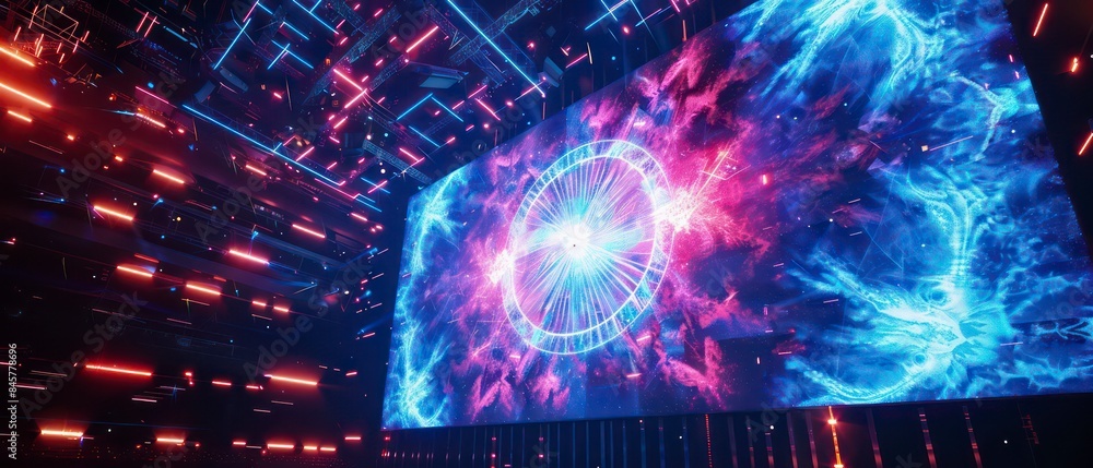 Poster dynamic visuals on the screen capture the essence of a club atmosphere, blending abstract shapes and