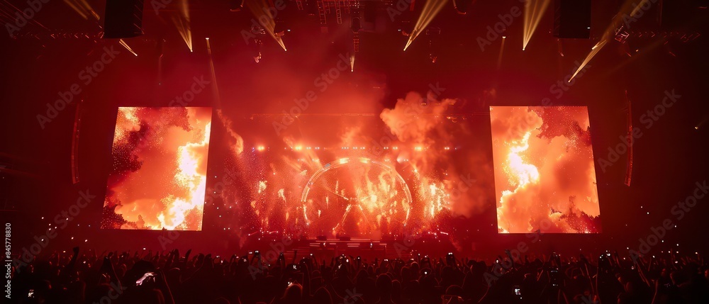 Poster dynamic visuals on the screen capture the essence of a club atmosphere, blending abstract shapes and