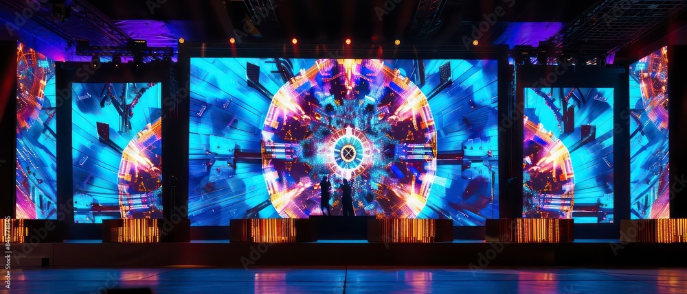 Poster dynamic visuals on the screen capture the essence of a club atmosphere, blending abstract shapes and