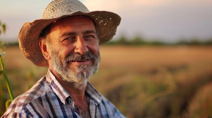 Fototapeta premium Portrait of a happy farmer male in his field, agricultural worker on the background