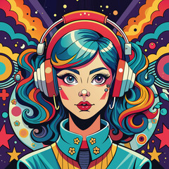 Naklejka premium This image features a stylized illustration of a girl wearing headphones, rendered in a simple, abstract art style. The design emphasizes clean lines and vibrant colors, making it ideal for a variety 
