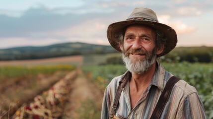 Portrait of a happy farmer male in his field, agricultural worker on the background