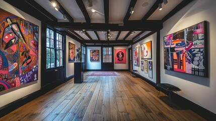 Vibrant contemporary art contrasts traditional tudor house with black and white timber framing