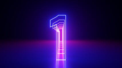 3d render, linear symbol, neon number one glowing in the dark with ultraviolet light, pink blue...