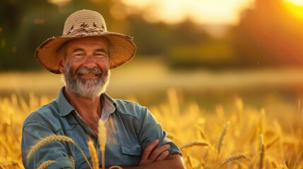 Fototapeta premium Portrait of a happy farmer male in his field, agricultural worker on the background