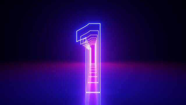3d render, linear symbol, neon number one glowing in the dark with ultraviolet light, pink blue gradient laser ray - Powered by Adobe
