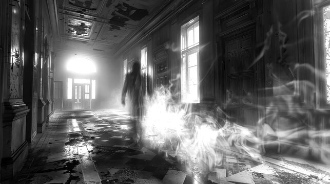 Eerie ghost haunting an abandoned corridor, spectral shadow supernatural paranormal shadow, spooky apparition creepy hallway
