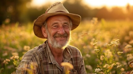 Portrait of a happy farmer male in his field, agricultural worker on the background