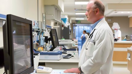 Male hospital admin managing busy medical facility operations, ensuring efficiency and patient care