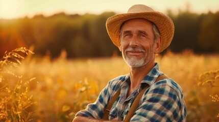 Fototapeta premium Portrait of a happy farmer male in his field, agricultural worker on the background
