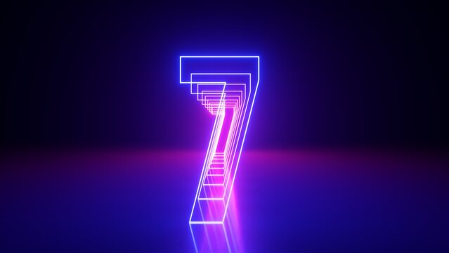 3d render, linear symbol, neon number eight glowing in the dark with ultraviolet light, pink blue gradient laser ray