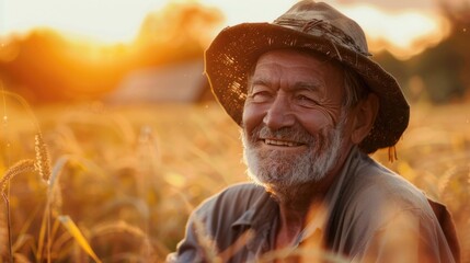 Portrait of a happy farmer male in his field, agricultural worker on the background